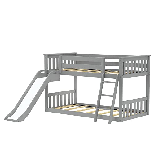 Image of Max & Lily Solid Wood Twin Over Twin Size Low Bunk Beds for Kids with Slide and Ladder, 400 lbs Weight Capacity, 14 inch Safety Guardrail, Anti-Slip Steps, Grey