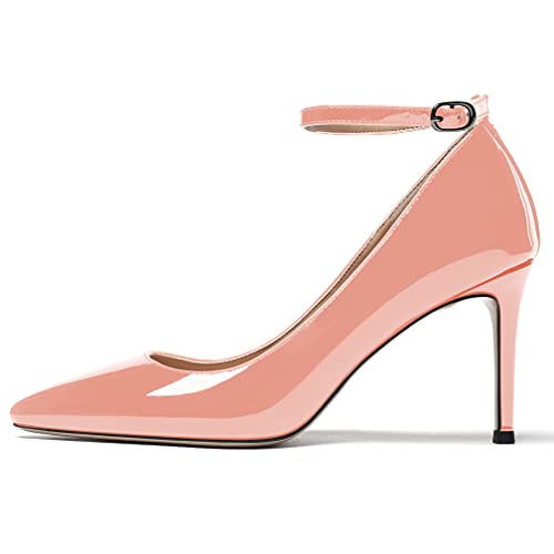MODENCOCO Women's Buckle Pointed Toe Ankle Strap Patent Leather Stiletto High Heel Pumps Office Work Shoes 3.5 Inch
