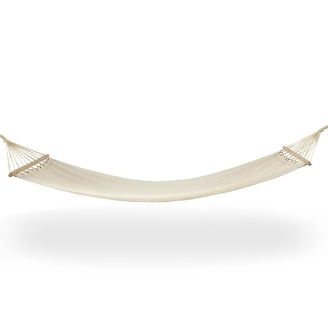 Hamaca Colgante de Tela para Jardín Exterior - Color Blanco - con travesaños de Madera y Soporte Estilo Cama - FUN FAN LINE