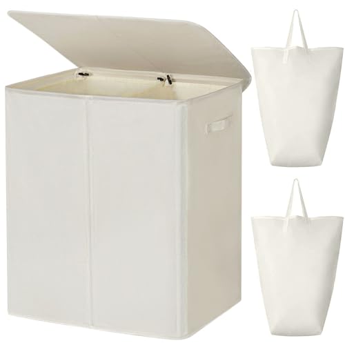 Image of WOWLIVE 140L Double Laundry Hamper with Lid and Removable Laundry Bags, Large Dirty Clothes Hamper 2 section Collapsible Laundry Basket Dorm Room Storage for Bedroom, Bathroom, College,Beige