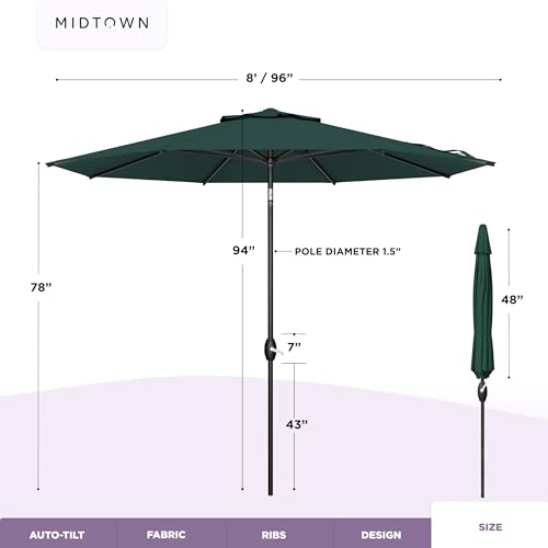 Image of Midtown Umbrellas - 10-Year-No-Fade 8 Ft Patio Umbrella with Terylast Fabric, Auto-Tilt Aluminum Frame and 8 Reinforced Ribs for Deck, Pool, Garden & Beach - Forest Green Canopy, Black Pole
