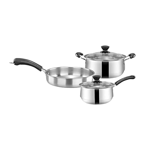 CAFIEDR Cooking Pot, Frying Pan,3pcs Stainless Steel Cookware Set Flat Bottom Frying Pan Soup Pot Milk Pot Kit