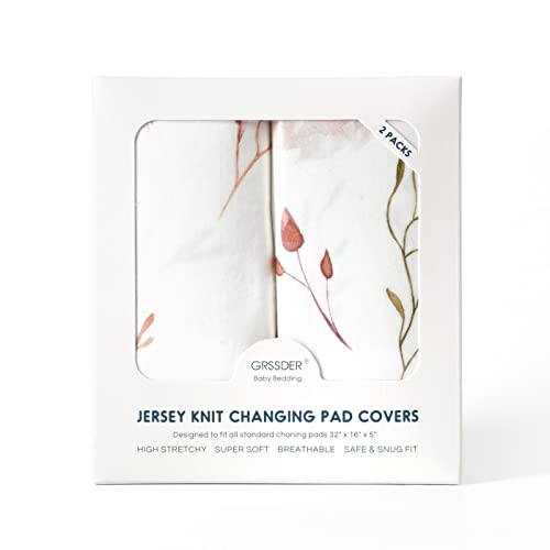 Image of GRSSDER Stretch Ultra Soft Jersey Knit Changing Pad Cover Set 2 Pack, Change Table Pad Covers Fit 32 inch /34 inch x 16 inch Pads Safe and Snug, Pretty Watercolor Rose Flora for Baby Girls, Orange Pink