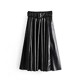 Nombre de la tela: cuero PU Falda de Cuero PU de Lady Color Falda Plisada de Cintura Alta Elegante con cinturón Faldas Midi Sueltas de una línea Elegante y versátil (Color : Black, Size : S Code)