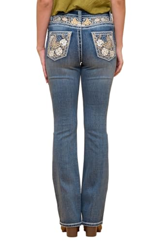 Women's High Waist Bootcut Jeans, Embellished Wing Cross Design, Rhinestone Pocket Detail, Dark Wash (US, Numeric, 7, Regular, Regular, Light Blue WT-792)
