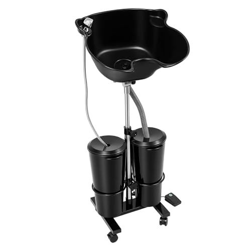 Lavabo de shampooing mobile, portable, pour coiffeur, réglable en hauteur et en angle, design double seau, support de cou ergonomique, enroulable, pour...