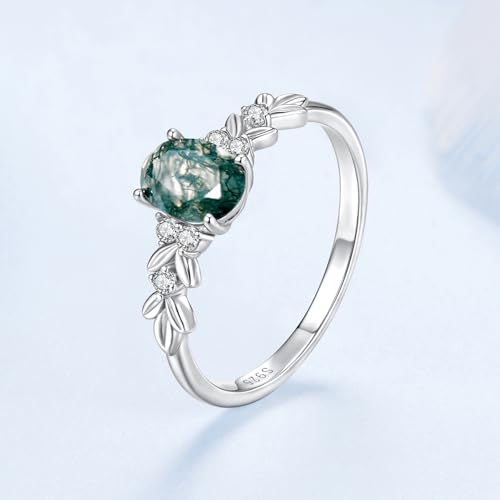 Moss Agate Rings for Women, 925 Sterling Silver Leaf Vine Design Nature Green Moss Agate Engagement Promise Ring, Oval Shaped Natural Stone Rings Jewelry4