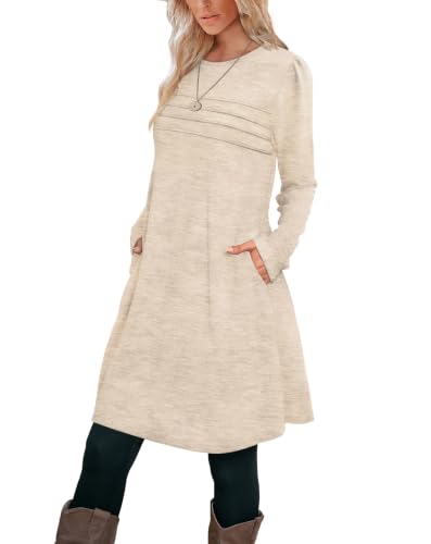 Image of OFEEFAN Womens Long Sleeve Tunic Dress Fall Fashion Sweater Dress with Pockets Pleated Front Casual Winter