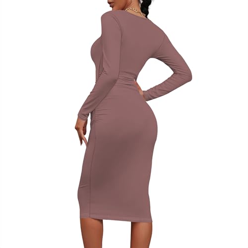 Women's Fall Fashion Sexy Slim Pleated Long Sleeve Dress Basic Round Neck Work Office Pencil Skirt Club Party Dresses3