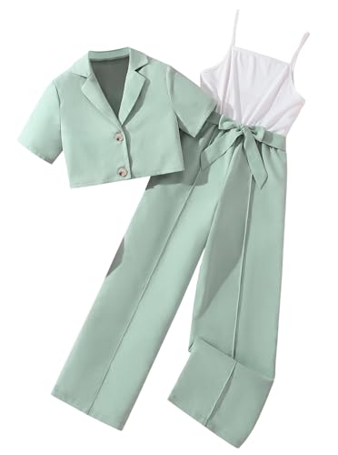 Hilinker Girl's 2 Piece Outfits Short Sleeve Blazer Belted Wide
