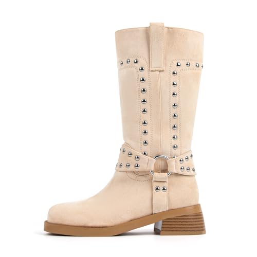 Richealnana Women's Motorcycle Boots Studded Faux Suede Biker Riding Chunky Heel Round Toe Moto Boots