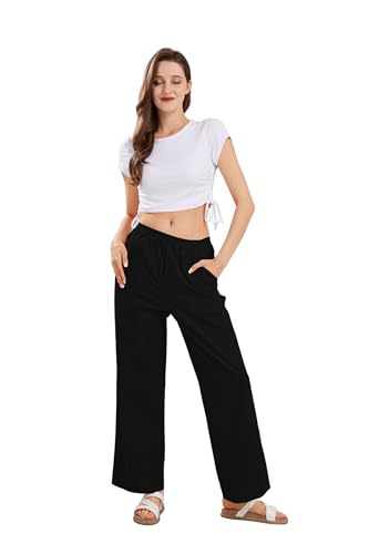 Image of CHARTOU Women's Summer Drawstring Waist Wide Leg Loose Cotton Linen Palazzo Pants