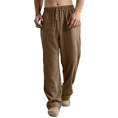 Pantalon ample pour homme - Pantalon de printemps et d'été décontracté - Peinture de couleur unie - Coton et lin - Grande taille - Tendance - Poches de plage, marron, 41-44.5