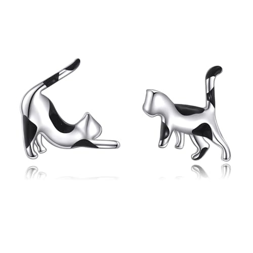 VIJASHOP Cat Stud Earrings S925 Sterling Silver Tuxedo Cat Earrings