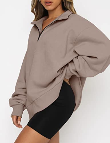Trendy Queen Womens Oversized Sweatshirts Hoodies Half Zip Pullover Fall Fashion Outfits 2023 Y2k Clothes, Coffeegrey, Medium - Image 3