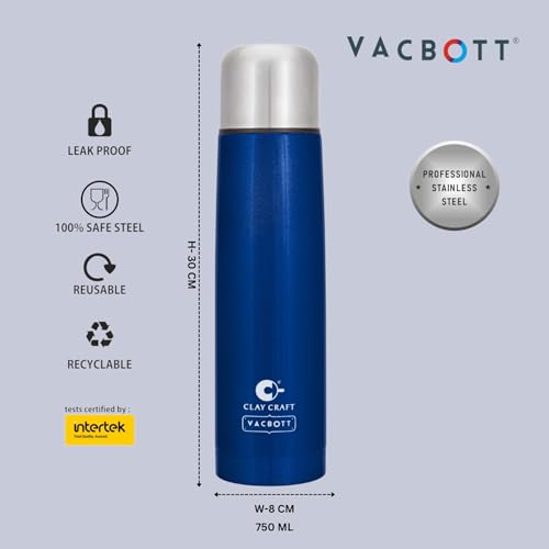 Image of Clay Craft VACBOTT Terra Double Walled 18 Hours Hot and 24 Hours Cold Water Bottle-750ML, 2-Piece(Blue) Leak Proof|Easy to Carry|Gym Bottle|Home|Kitchen|Hiking|Travel Bottle|BIS Certified