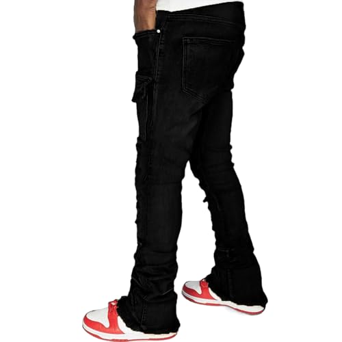 Men's Stacked Jeans Mid Rise Slim Fit Stretch Ripped Cargo Jeans Teen Boys Hip Hop Straight Leg Denim Pants Streetwear