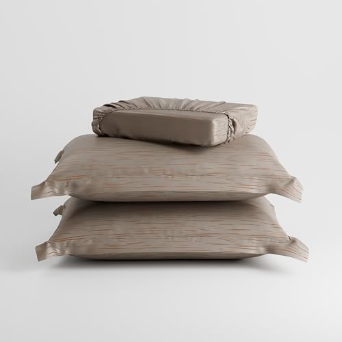 Image of Stoa Paris 350TC Luxture Cotton King Fitted Bedding Set with 2 Pillow Covers, All-Around Elastic Fitted Bedsheet 183cm x 198cm + 30cm Drop, All Season Comfort, Breathable, Panache 2.0 - Beige
