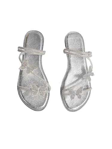 OYOANGLE Womens Rhinestone Sandals Sparkly Butterfly Strappy Flat Sandals Open Toe Elegant Dressy Slides Sandals Silver 7.5