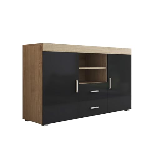 MB Muebles Bonitos, Aparador Roque para Salón Comedor Moderno, Mueble TV de Melamina, Color Sonoma Mate y Negro Brillo, 140x80x40 cm