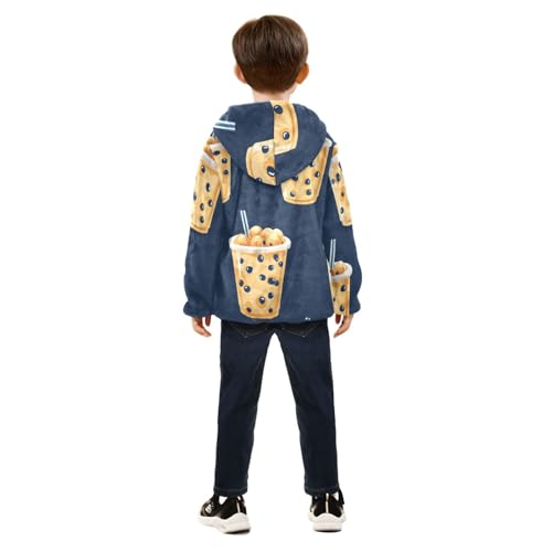 Cartoon Tapioca Boba Tea Girls Fleece Jacket Girls Fall Jacket Girls Zip Up Hoodie Girls Sherpa Jacket 2-10T4