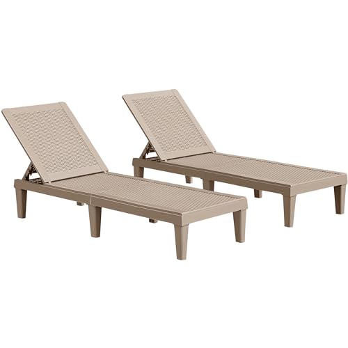 JUMMICO Patio Chaise Lounge Chair Set of 2 Outdoor PE Waterproof Adjustable Easy Assembly Lounge Chairs for Outside Pool Garden Deck Beach (Light Brown)