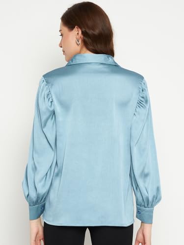 Image of Fashfun Women's Shirt Solid Blue Satin Collared Neck Puff Sleeve Shirt