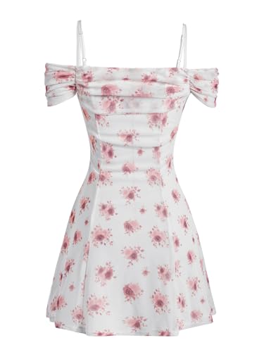 Image of Verdusa Women's Fairycore Floral Print Off The Shoulder Mesh Mini Dress Bow Backless Holiday Cami Dress