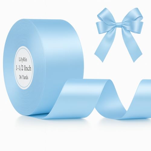 Light Blue Ribbon 1-1/2 Inches 36 Yards Satin Roll Baby Shower Perfect for Art Wedding Wreath 1.5 Packing Birthday Flower Bouquets DIY Hair Bows Accessories Scrapbooking Wrapping Christmas Handmade