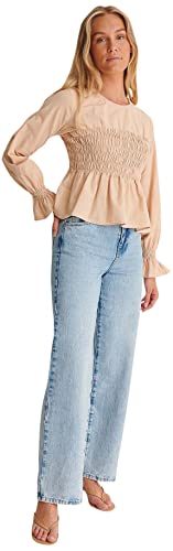 NA-KD Damen Bluse mit gesmoktem Schößchen, Dunkelbeige, 62