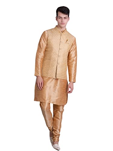 Uri and MacKenzie Men's Silk Blend Regular Kurta Churidar Pyjama with Bundi Nehru Jacket/Waistcoat