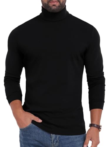PrinStory Camiseta de manga larga para hombre de algodón con cuello alto y cuello vuelto cálido de color negro (Negro, M)