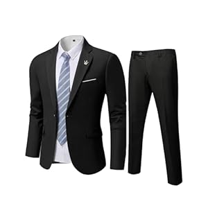 YND Men’s Slim Fit 2 Piece Suit, One Button Solid Jacket Pants Set with Tie