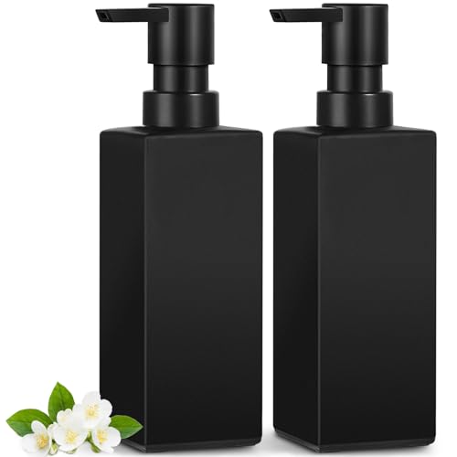 GMISUN Seifenspender schwarz, 2 Stück 350 ml Spülmittelspender für Küche, Modern Seifenspender schwarz Glas mit wasserdichte Etiketten, Handseifenspender, Flüssigseifenspender, Soap Dispenser