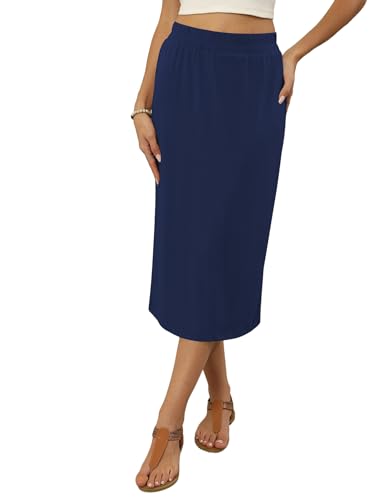 Image of Naggoo Midi Skirts for Women Summer Elastic High Waisted Basic Straight Skirt with Slit