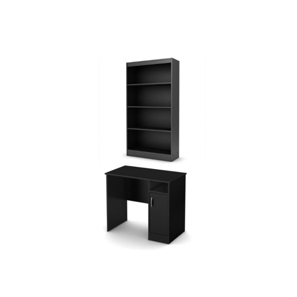 South Shore Axess Small Desk and 4-Shelf Bookcase Set in Pure Black
