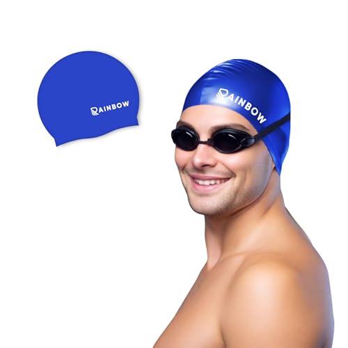 Image of Rainbow Silicone Swimming Cap for Men, Women & Kids | Stretchable Swim Cap for Long & Short Hair | Durable, Waterproof & Comfortable Fit - Electric Blue