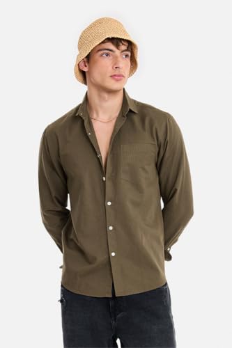 Image of SNITCH Men Casual Shirt | Regular Fit Full Sleeve Spread Collar Solid Pattern | Breathable Cotton Linen Blend & Lightweight Fabric for Summer, Vacation & Smart Casual Wear