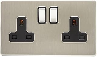 AET SL2GSOCBS Screwless Satin Chrome Flat 2 Gang 13 Amp Socket Black Insert Metal Rocker Switch
