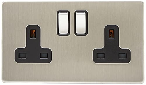AET SL2GSOCBS Screwless Satin Chrome Flat 2 Gang 13 Amp Socket Black Insert Metal Rocker Switch