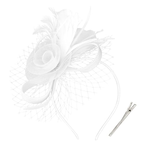 AMCAMI Fascinators Hats with Feather for Women 2026 Derby Hats Tea Party Hat with Headband and Clip White