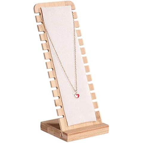 LATRAT Wooden Necklace Display Stand, 12 Slots Jewellery Display Stand for Bracelet Necklace Pendant, Beige Cover