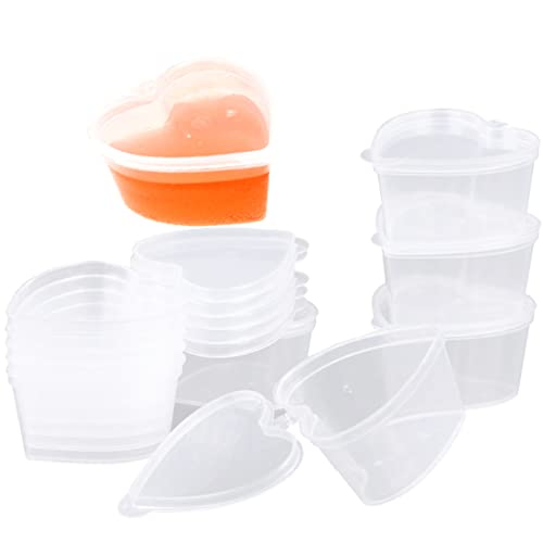 TONGNENGLIU 50 Sets Mini Containers Clear Disposable Plastic Cups Heart Shaped Storage Containers With Leakproof Lids Jello Shot Cups Condiment Dipping Sauce Cups Souffle Cups