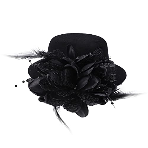 Song Qing Flower Decor Hair Clip Feather Fascinator Burlesque Mini Top Hat for Women Lady (Black)