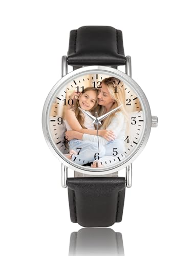 JSDDE Montre Analogique Quartz Photo Personnalisée pour Femme Homme Montre Décontractée 38mm Cadran Rond avec Ta Photo Image Bracelet en Cuir Cadeau pour Couple Maman Père Anniversaire (Cadran Argent)