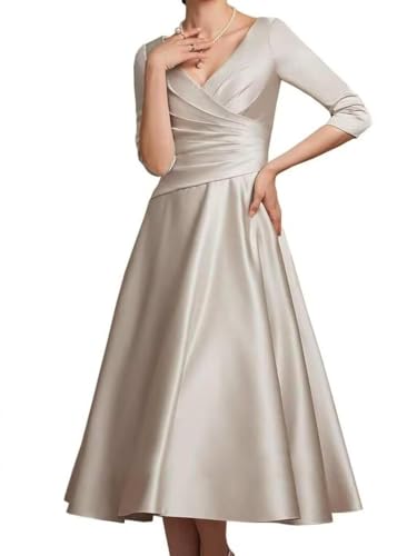 Satin Tea Length Mother of The Bride Dresses for Wedding 3/4 Sleeves A-line Pleated Formal Evening Gown 20244