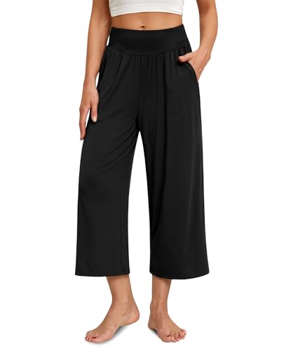 siliteelon Wide Leg Capri Pants for Women Lounge Pajama Pants Women Casual Loose Comfy Flowy Palazzo Capris with Pockets2