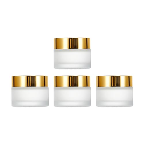 4Packs 0.5Oz Round Frosted Glass Jars Refillable Lip Balm Glass Jars Empty Comestic Sample Containers with Inner Lids and Caps For Comestics Lotions Powders