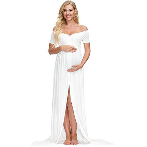 JustVH Maternity Off Shoulder Chiffon Gown for Photography Split Front Maxi Pregnancy Dress for Photoshoot, White 003, X-Large Cover