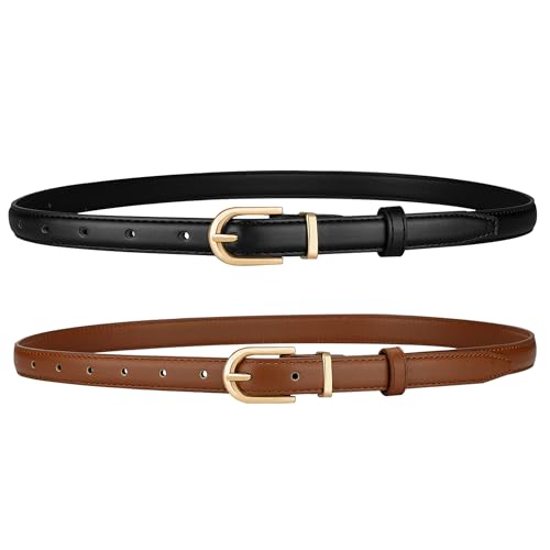 macoking 2 Pack Skinny Belts for Women - Gold Buckle,